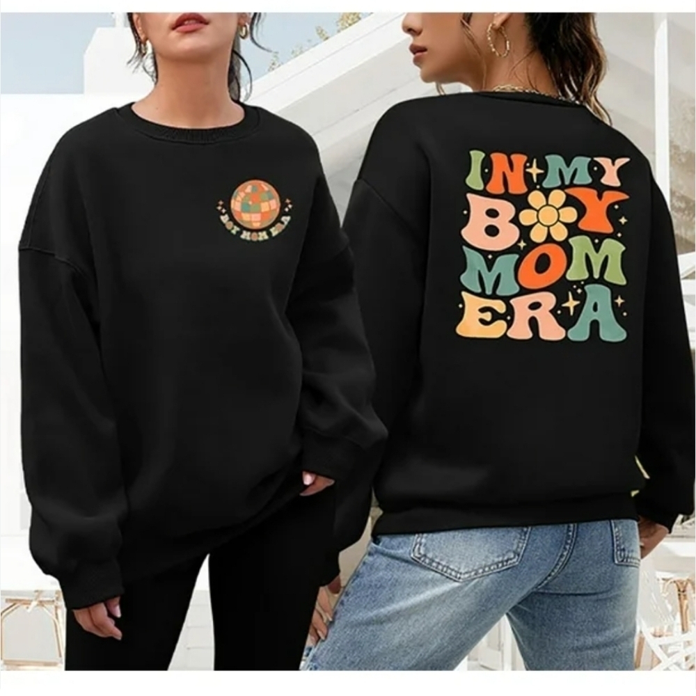 🌼 IN MY BOY MOM ERA Customized Sweatshirt Black Size Medium New Floral Disco